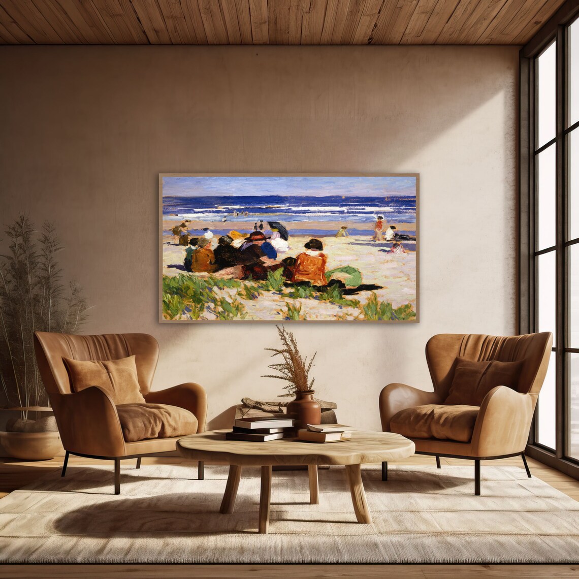 Vintage Beach Scene Painting with Bathers and Deep Blue Ocean Waves Poster - Image 2