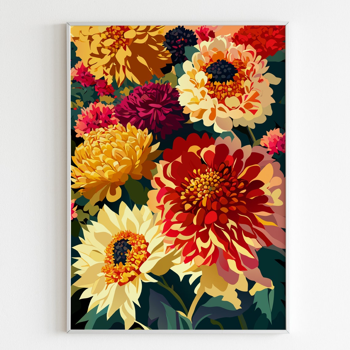 Dahlias Garden Illustration Poster Neutral Art Dahlia Flower Botanical Colorful Print Floral Wallart Flower Market Poster