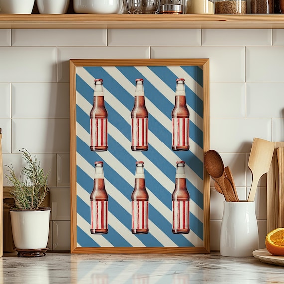 Retro Cola Bottle Pop Art Six Bottles Blue Stripes Bar Poster