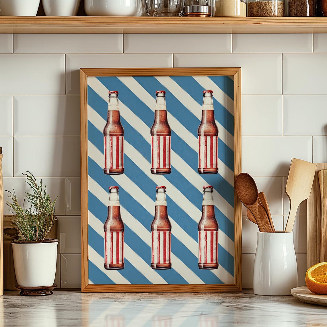 Retro Cola Bottle Pop Art Six Bottles Blue Stripes Bar Poster