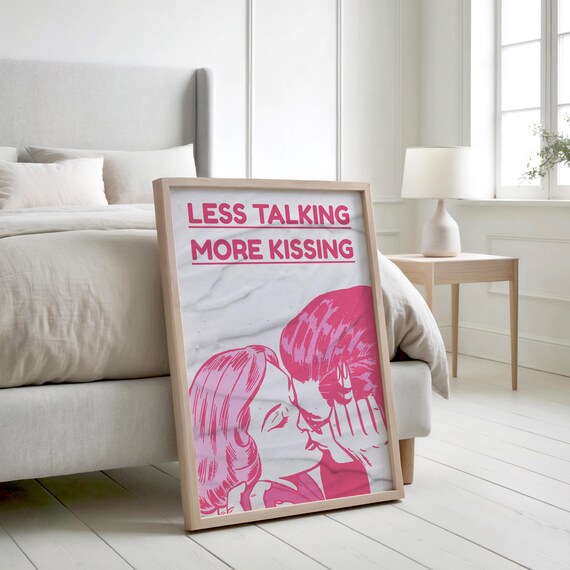 Less Talking More Kissing Retro Pink Pop Art Couples Bedroom Poster