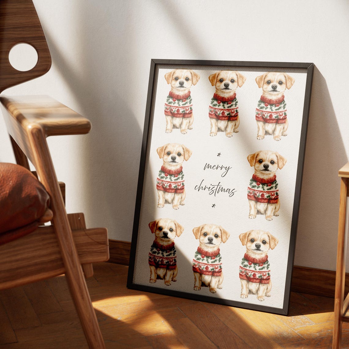 Puppies Watercolor Illustration Poster Pretty Puppy Print Merry Christmas Art Xmas Home Decor Animal Print Cute Pet Portrait Dog Print - Image 3