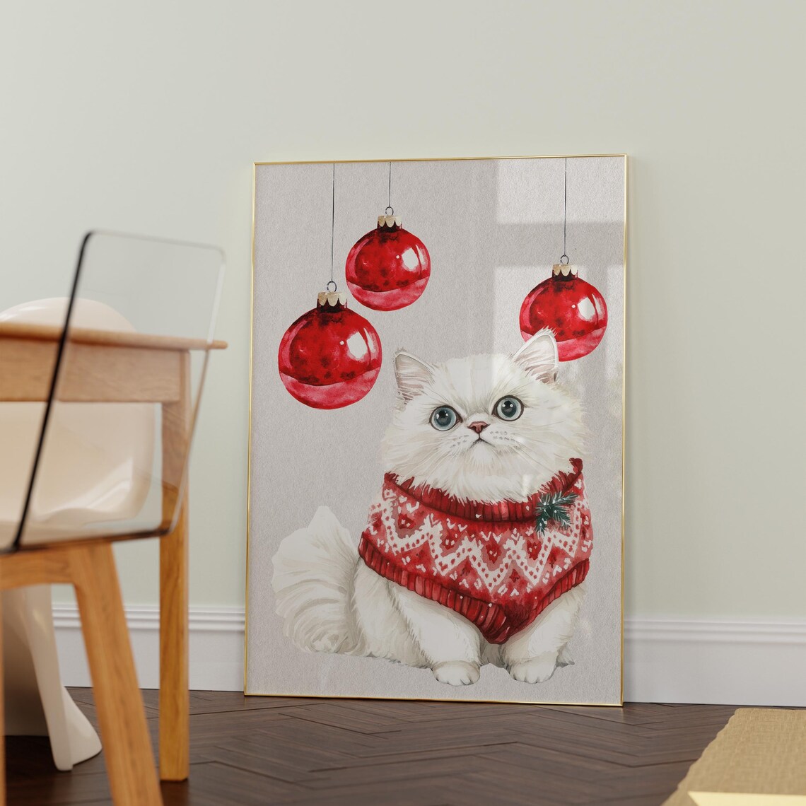White Persian Cat Christmas Sweater Red Baubles Cute Wall Poster - Image 6