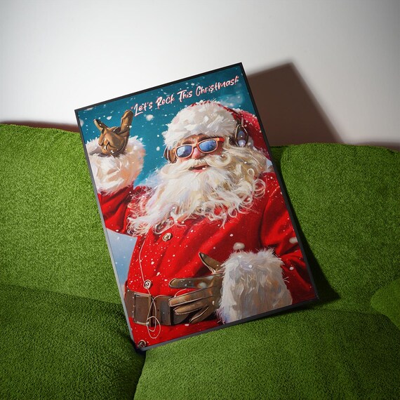 Rock Santa Sunglasses Headphones Lets Rock This Christmas Funny Holiday Poster