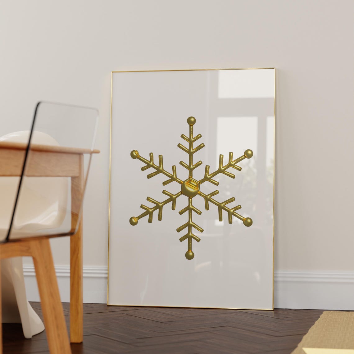 Gold 3D Snowflake Minimalist White Elegant Winter Holiday Art Poster - Image 2