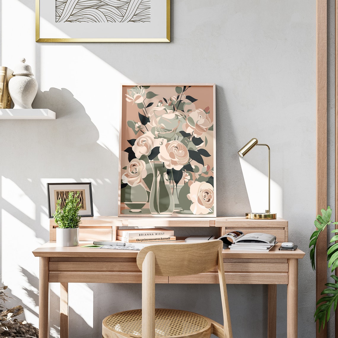 Soft Blush Roses In Vases Sage Neutral Floral Illustration Poster - Image 3