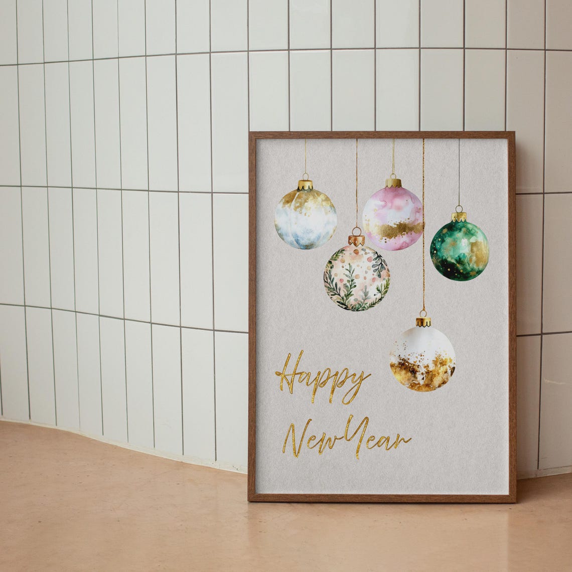 Happy New Year Pastel Ornaments Gold Script Holiday Wall Poster - Image 2