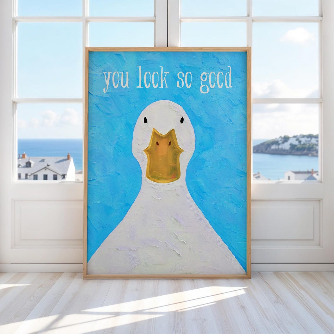 Funny Cute White Duck You Look So Good Blue Bathroom Wall Poster