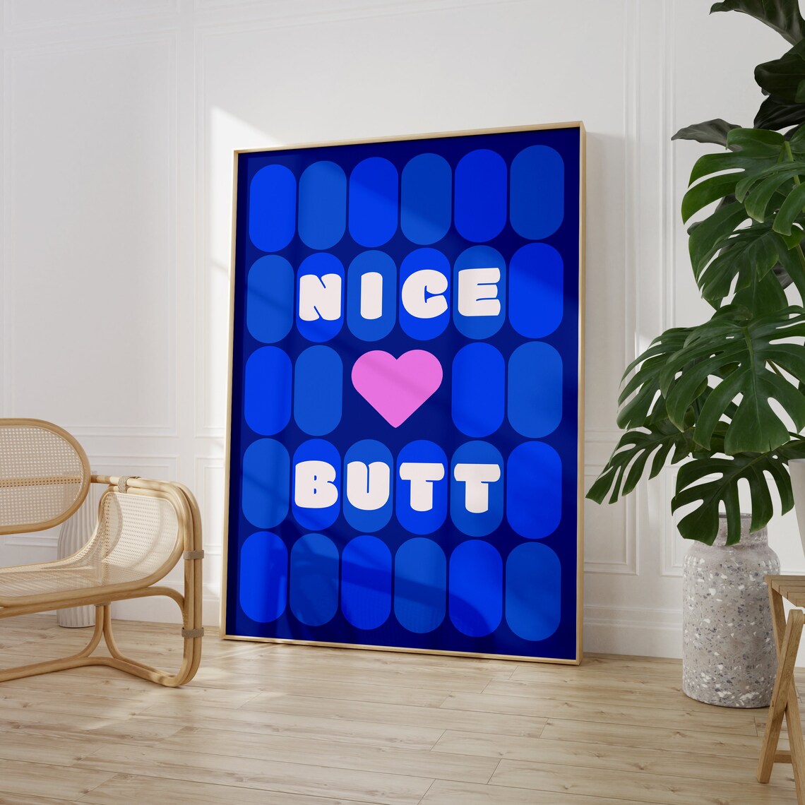 Nice Butt Blue Funny Bathroom White Letters Pink Heart Poster