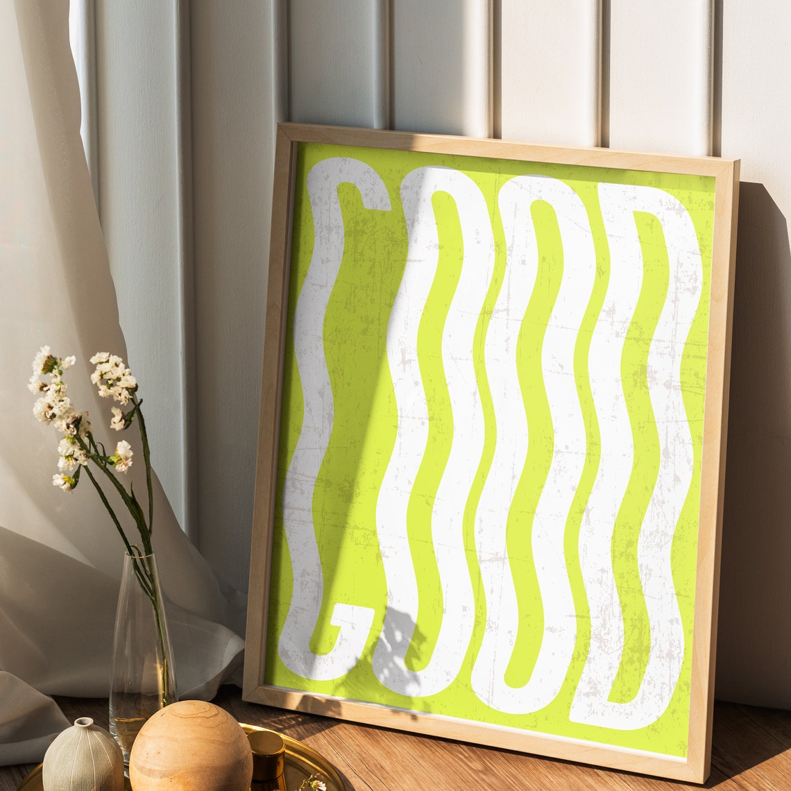 Lime Green Wavy Stripes Abstract Groovy Retro Style Wall Poster - Image 2