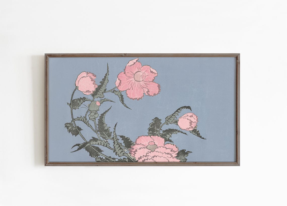 Pink Poppies Japanese Woodblock Floral Dusty Blue Botanical Wall Art - Image 2