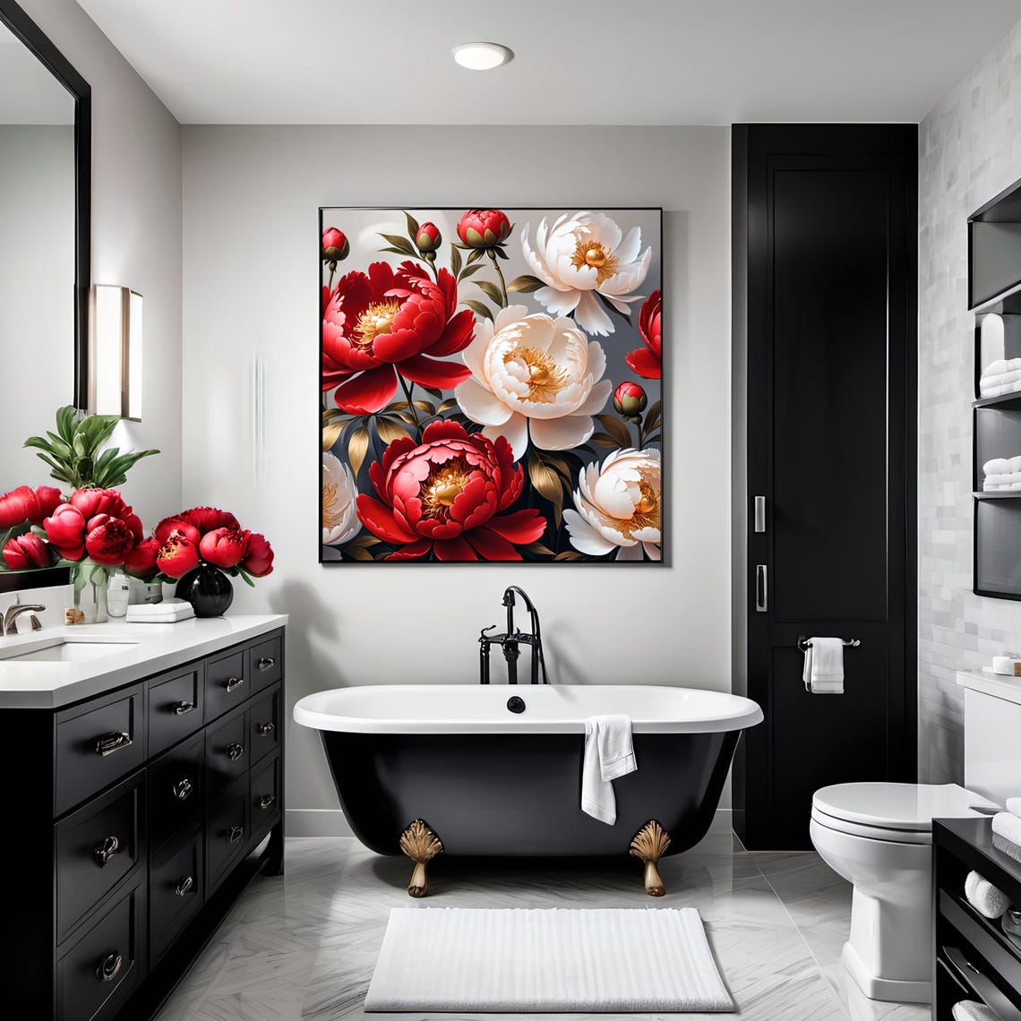 Red White Peony Flowers Bold Botanical Lush Garden Bloom Art Poster - Image 3