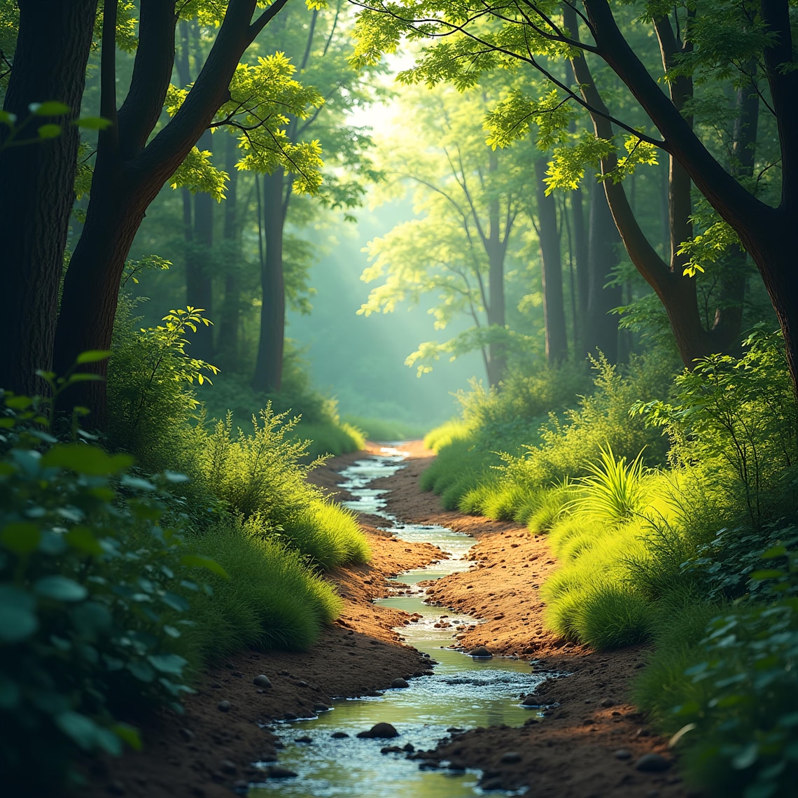 Green Forest Stream, Serene Nature Landscape Poster