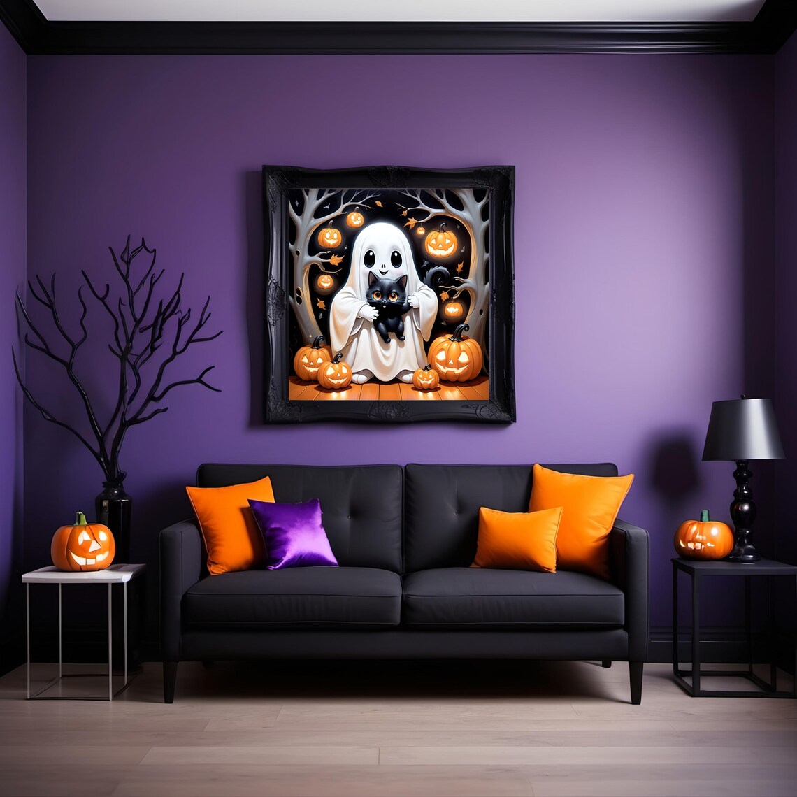 Adorable Ghost Hugging Black Kitten Among Glowing Pumpkins Halloween Poster - Image 2