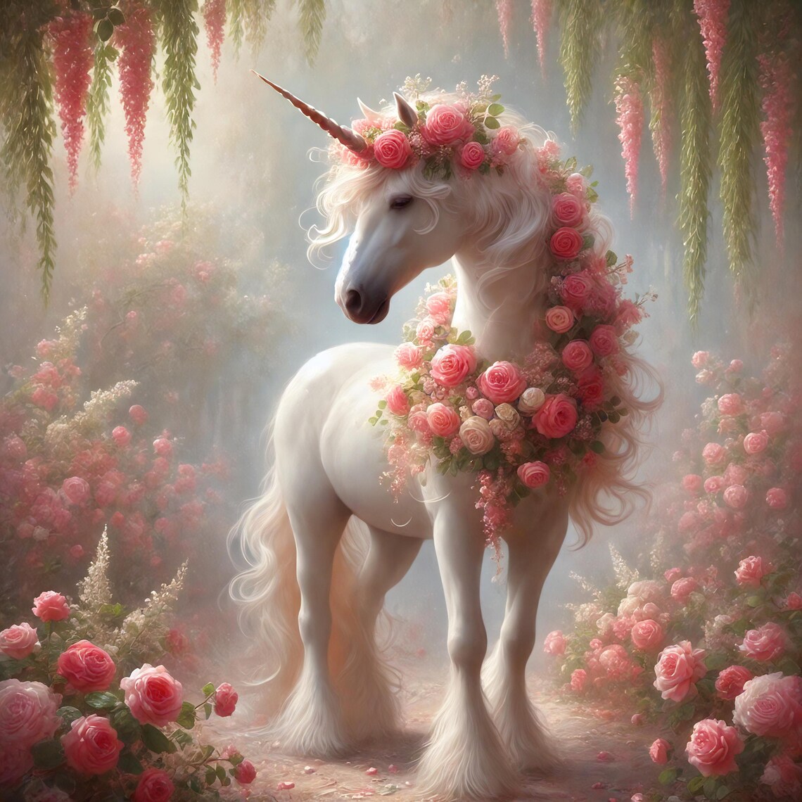 Valentine Unicorn With Roses, Whimsical Art Print