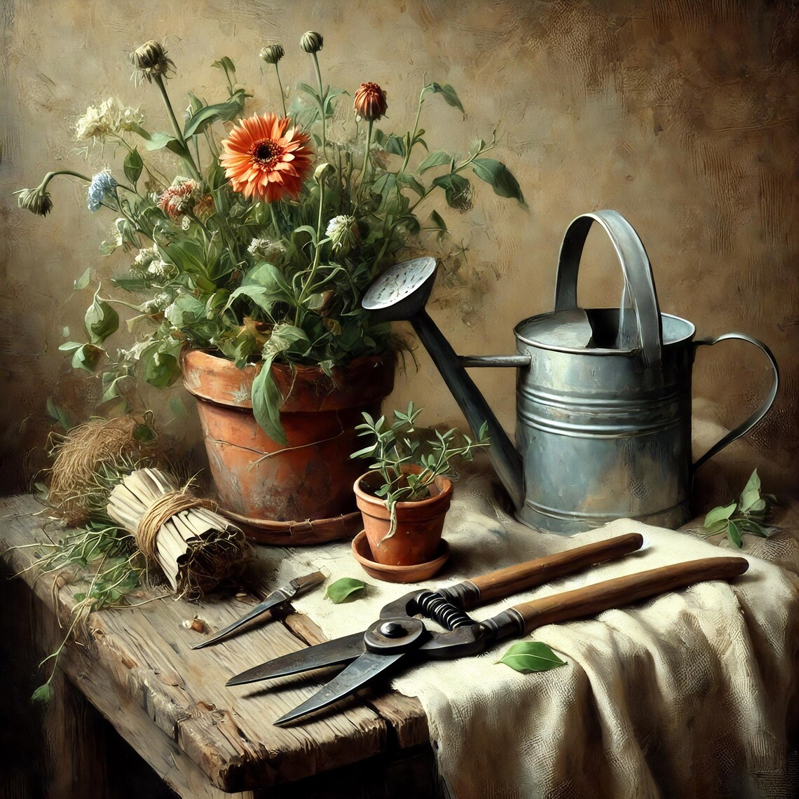Vintage Gardening Still Life Art Print, Rustic Charm
