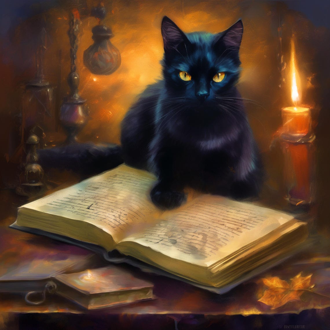 Black Cat Open Spell Book Candlelit Cozy Witchy Halloween Poster