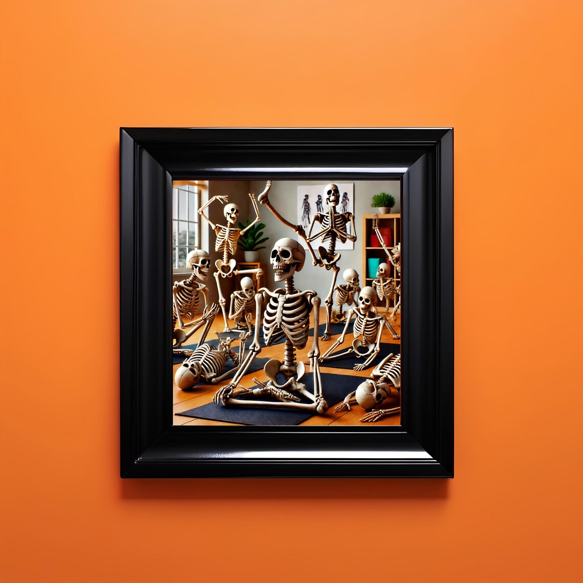 Skeletons Practicing Yoga Poses On Mats In Bright Studio Humor Wall Art Print - Image 2