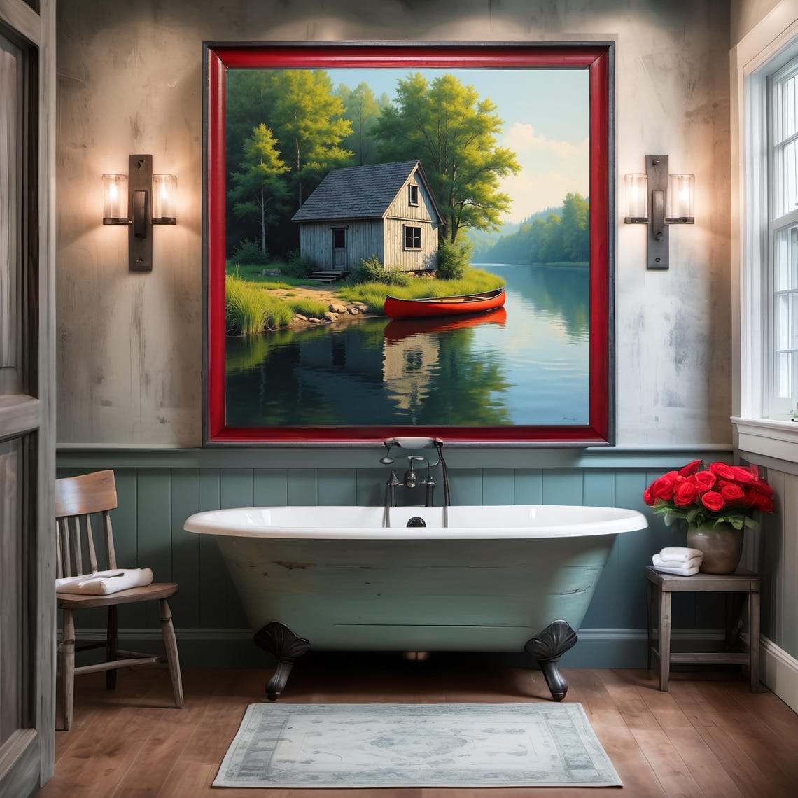 Rustic Fishing Shack By Lake With Red Canoe On Calm Water Poster - Image 2