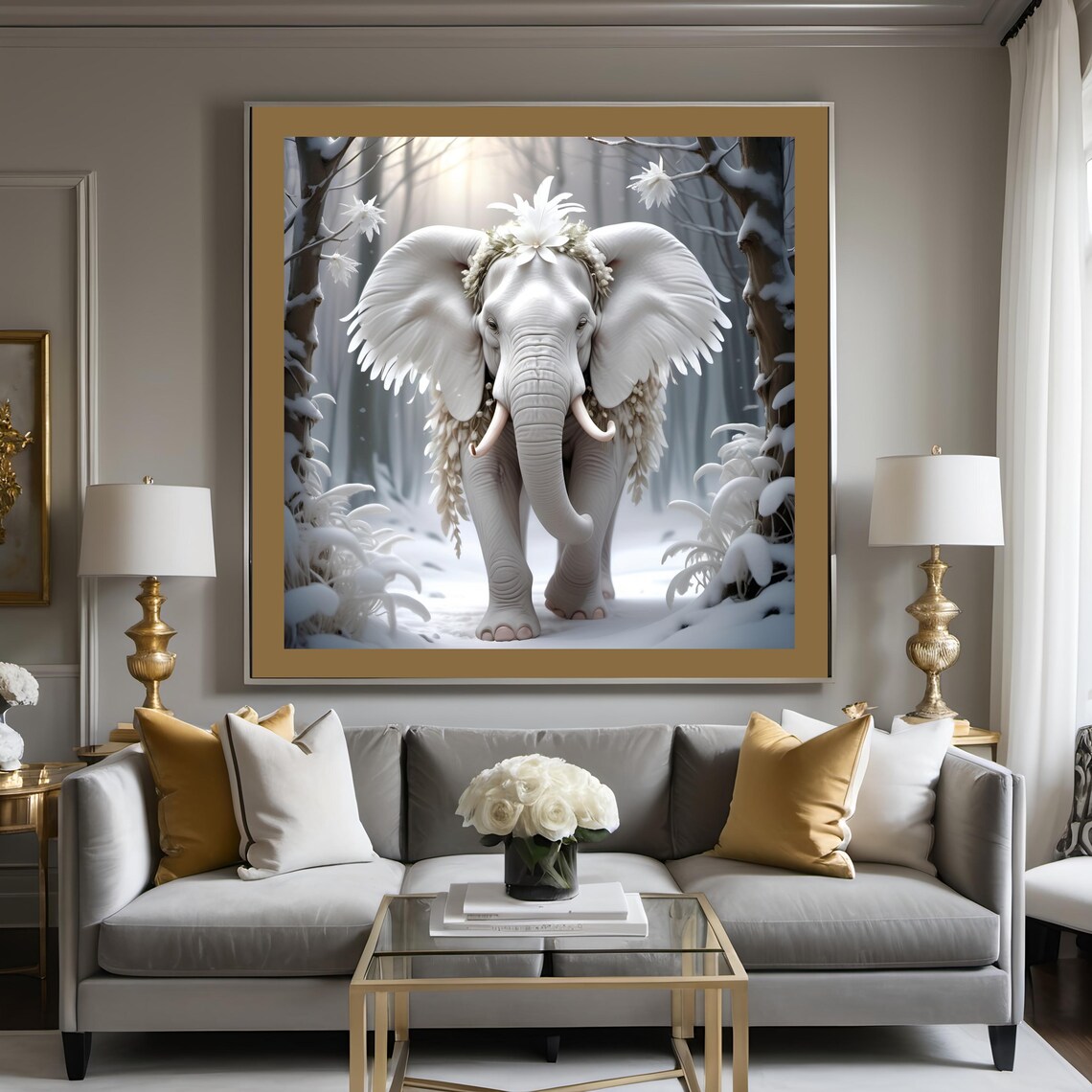 Majestic White Elephant Winter Wonderland Snowy Forest Art Print - Image 3