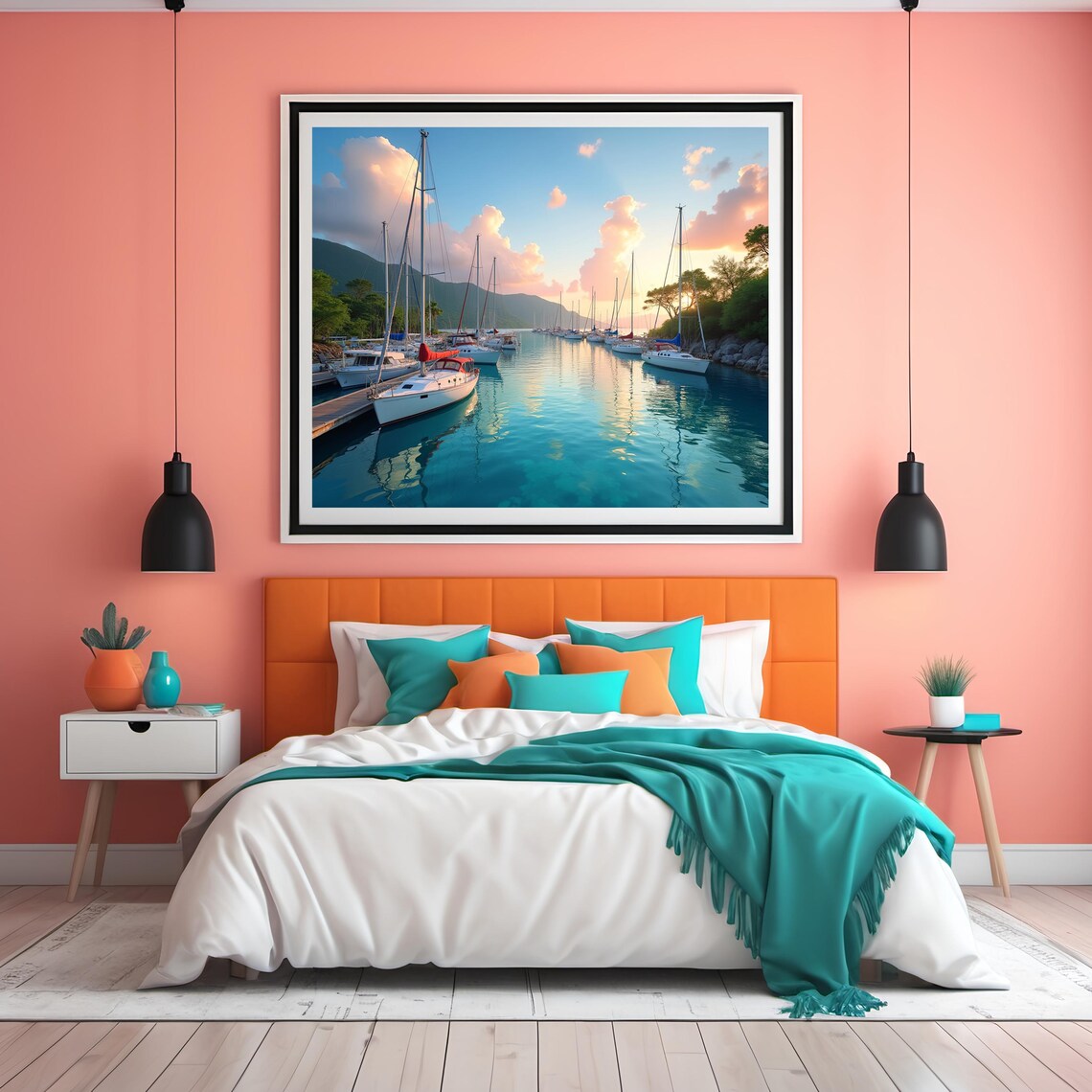 Marina At Sunset Tranquil Coastal Wall Art Sailboats Mountain Scene Nautical For Peaceful Dcor