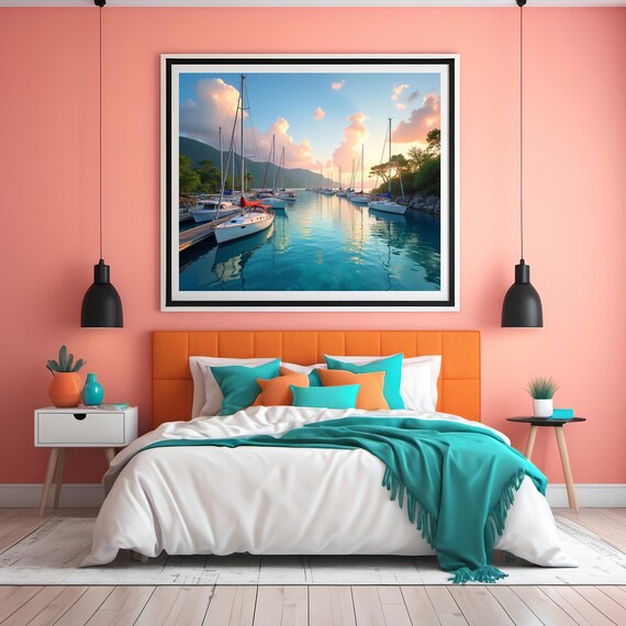 Marina At Sunset Tranquil Coastal Wall Art Sailboats Mountain Scene Nautical For Peaceful Dcor