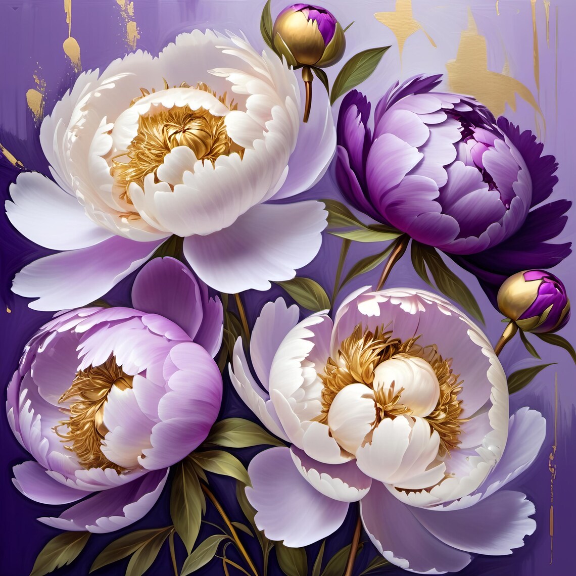 Purple White Peony Blooms Gold Accent Lavish Floral Art Poster