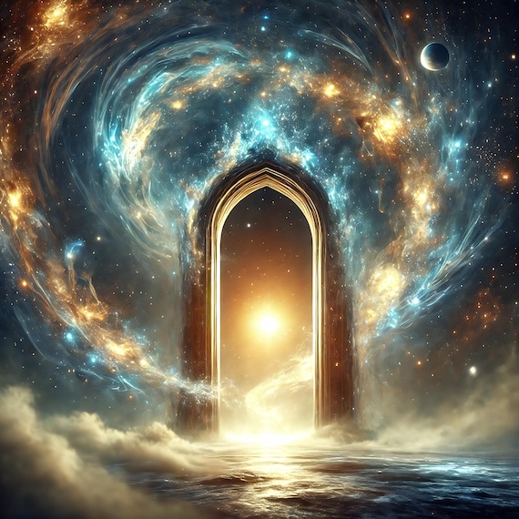 Celestial Gateway Portal Golden Arch Cosmic Nebula Surreal Dreamscape Poster
