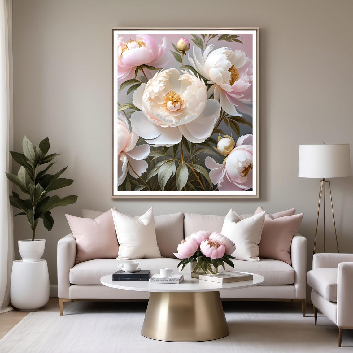 White Pink Peony Flower Bouquet Soft Botanical Elegant Art Poster - Image 3