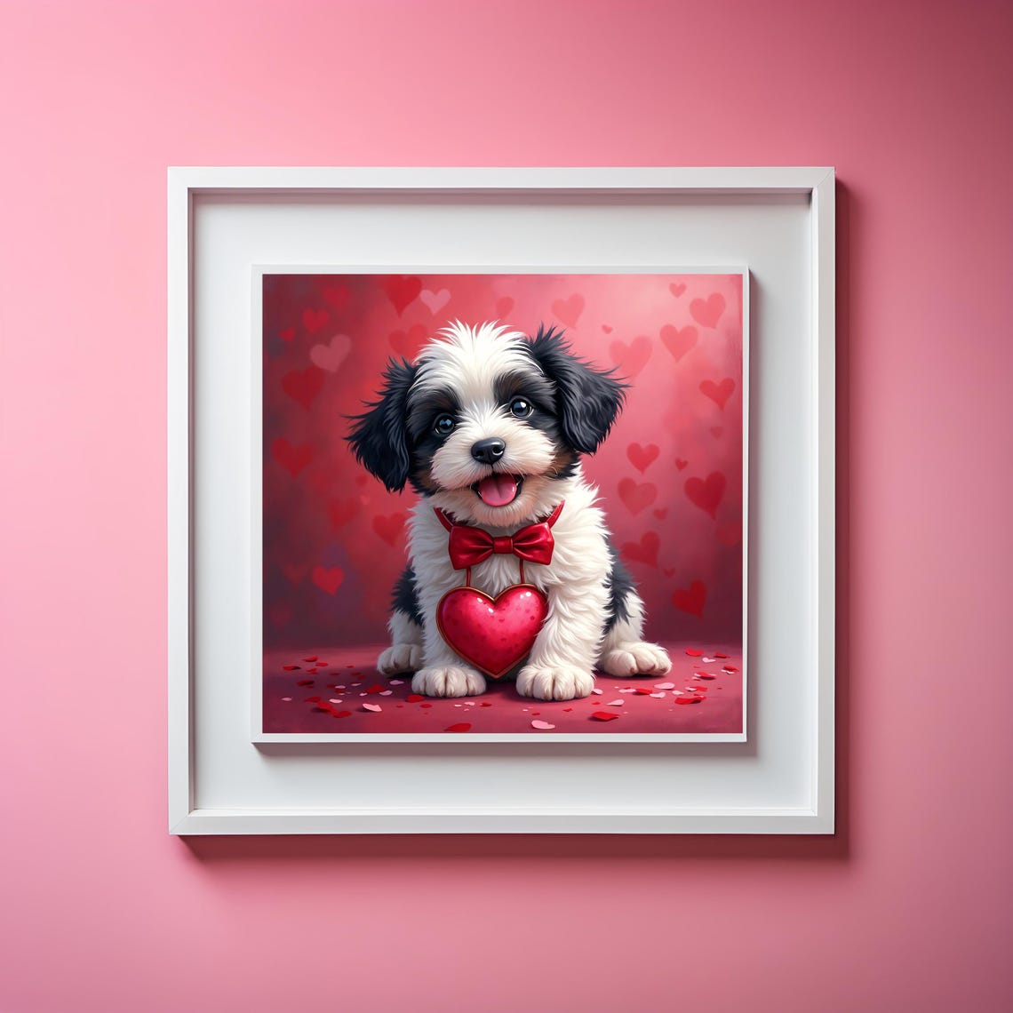Cute Sweet Puppy With Red Bow Holding Heart Valentines Day Poster - Image 3