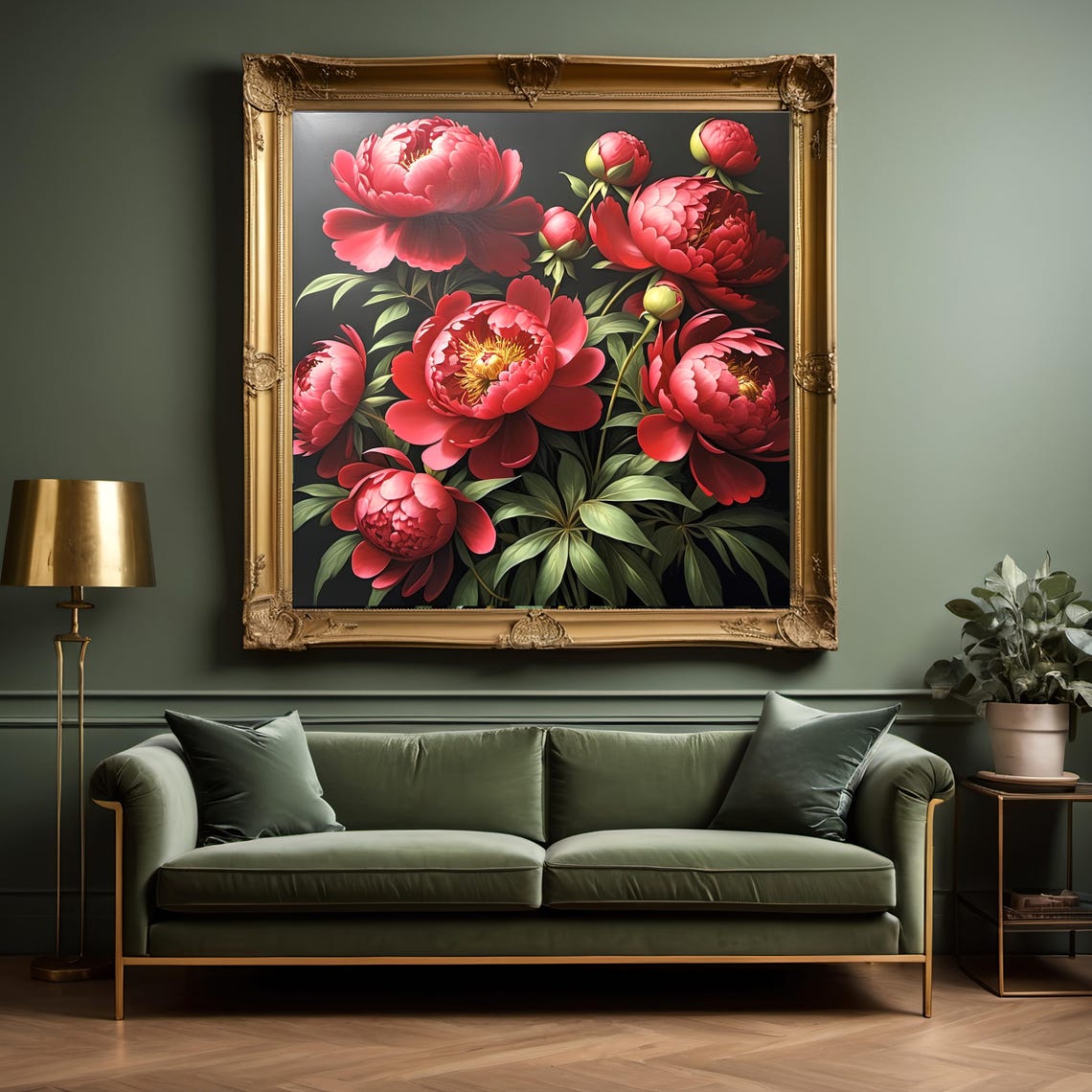 Bold Red Peony Full Blooms Dramatic Rich Floral Vintage Poster - Image 2