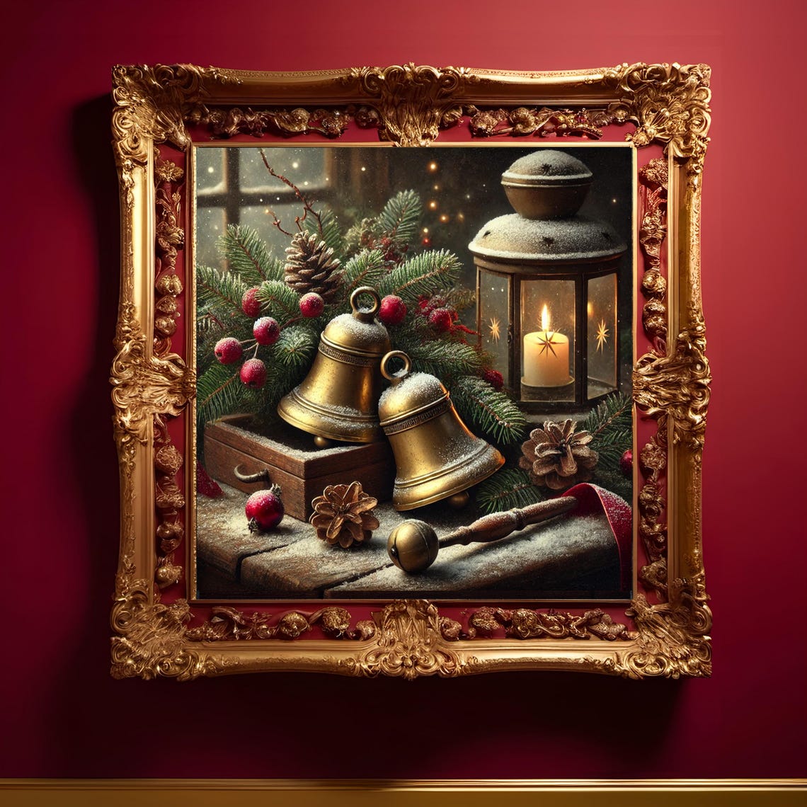 Vintage Brass Sleigh Bells Snowy Lantern Christmas Still Life Print - Image 3