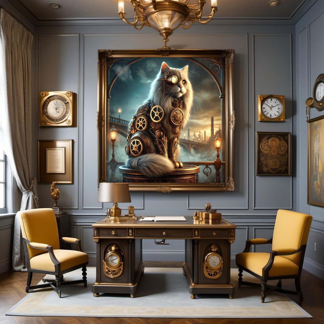 Steampunk Cat Brass Goggles Gear Armor Victorian Bridge Portrait Wall Art - Image 2