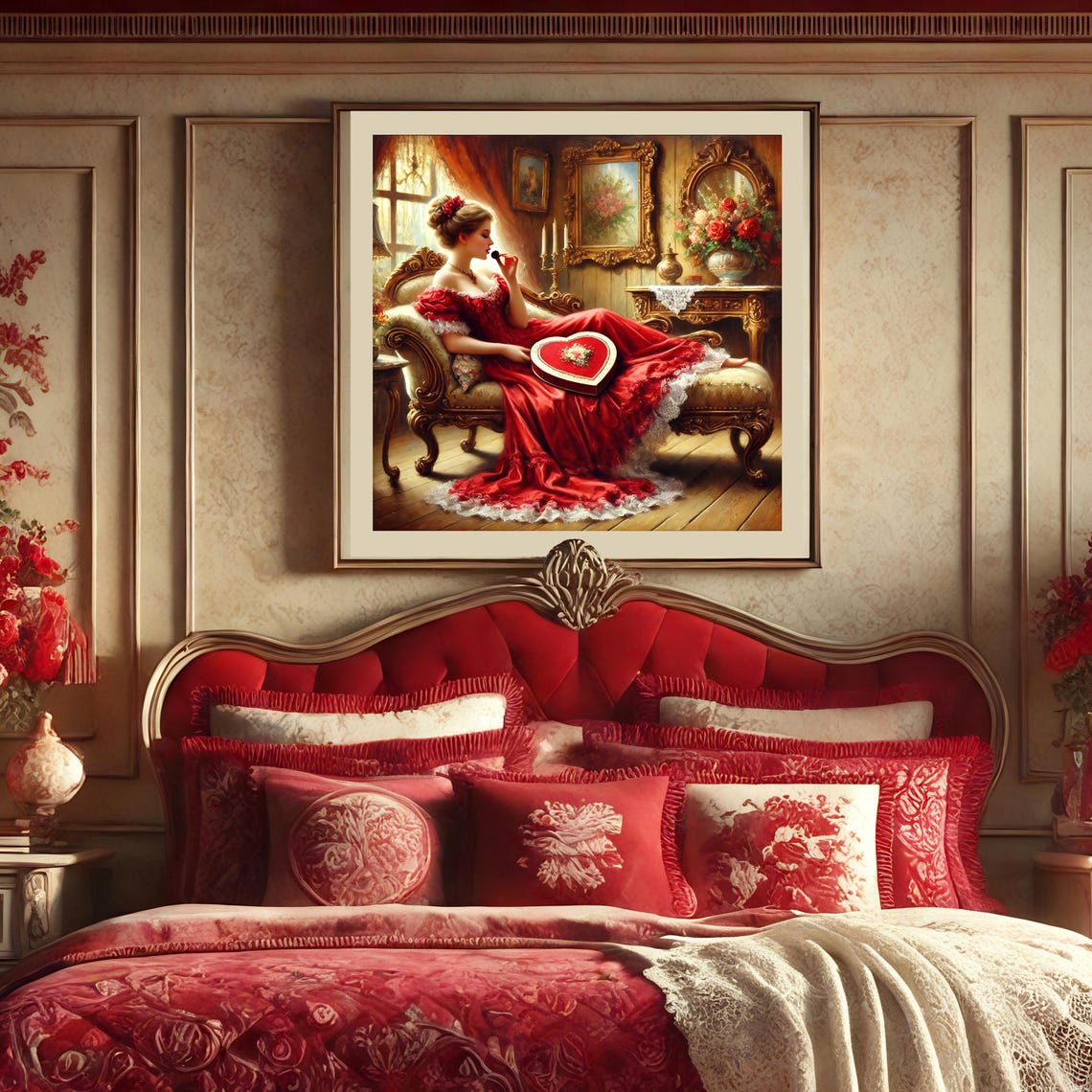 Victorian Woman in Red Gown with Chocolate Box Elegant Wall Art - Image 2