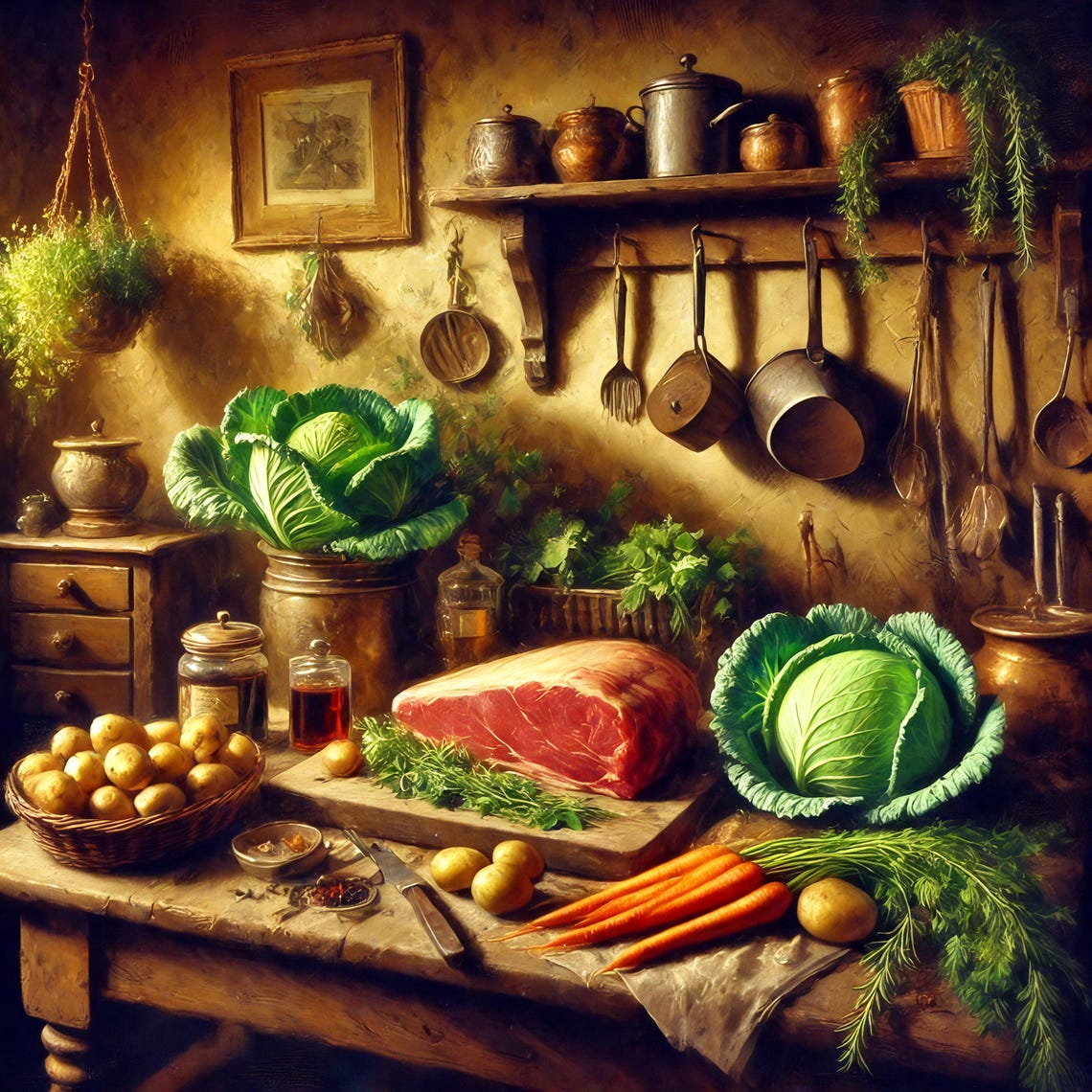 Rustic Farmhouse Kitchen Still Life Beef Cabbage Copper Pots Poster