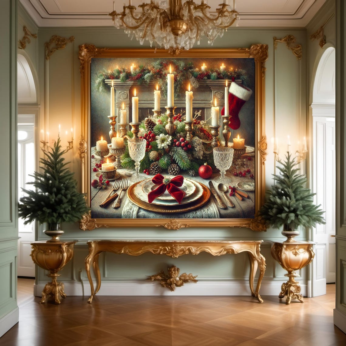 Elegant Christmas Dinner Table Candlelit Fireplace Art Print - Image 2