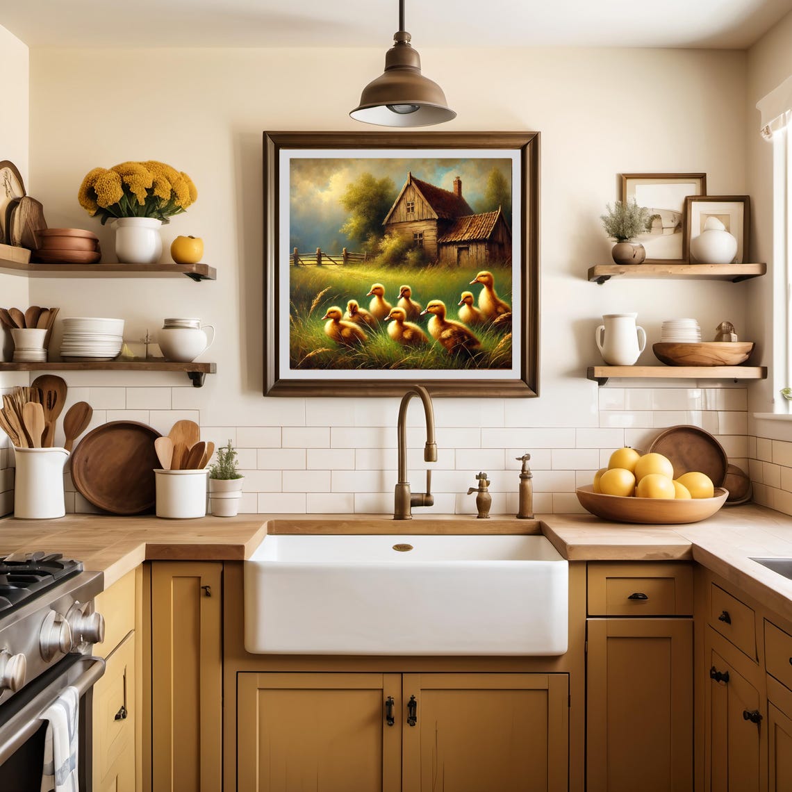 Mother Duck With Nine Ducklings By Rustic Barn In Green Pasture Print - Image 2