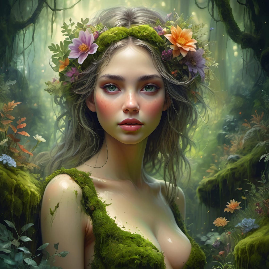 Dreamy Forest Nature Goddess with Moss and Floral Crown Wall Art