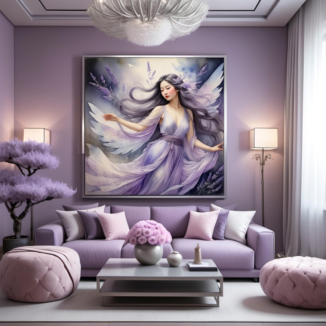 Lavender Angel Fairy Purple Wings Ethereal Watercolor Fantasy Wall Art - Image 3