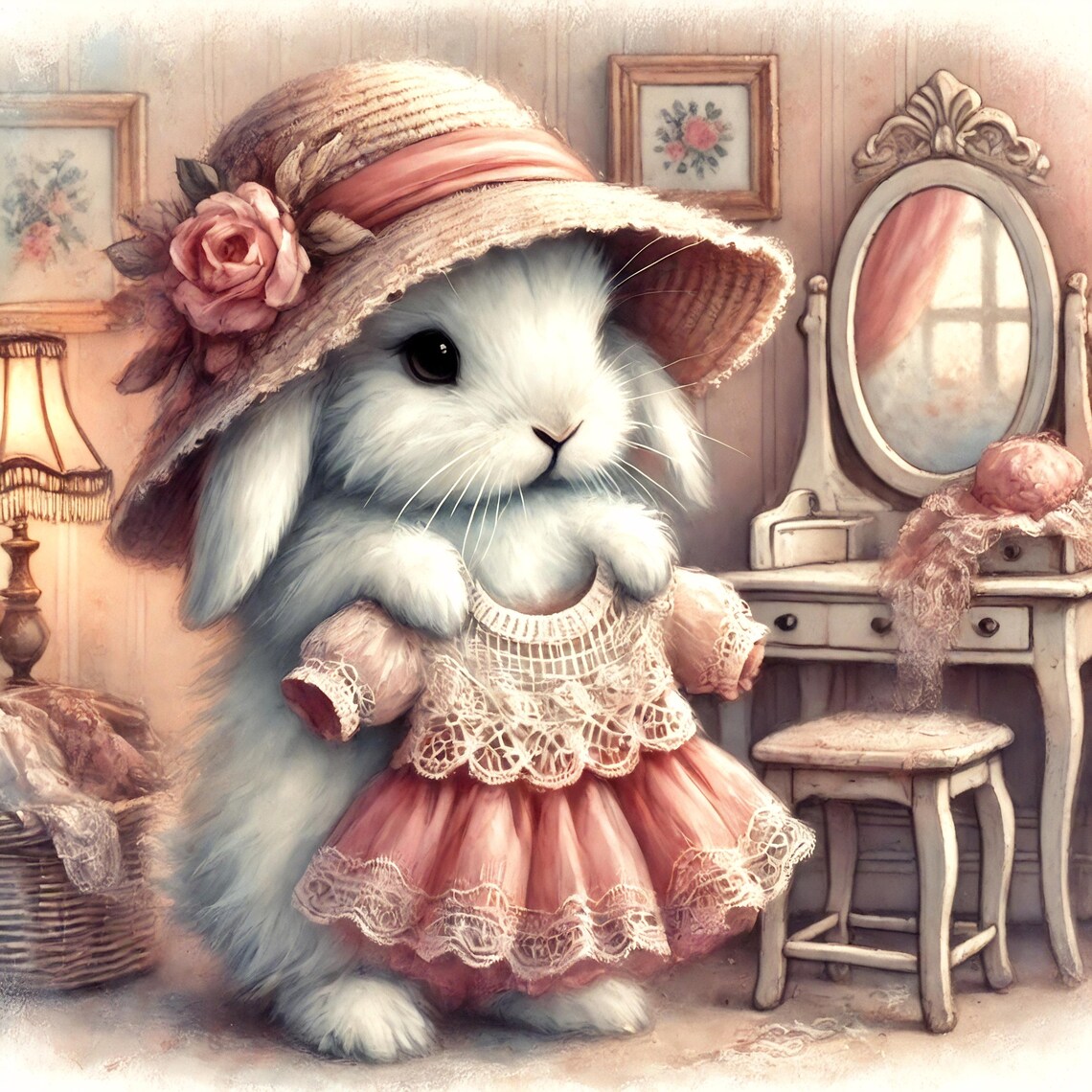 Whimsical Dress Up Bunny Straw Hat Lace Dress Vintage Vanity Poster