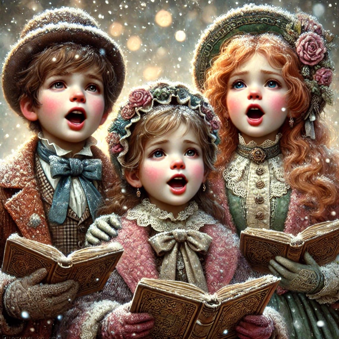 Victorian Christmas Carolers Singing In The Snow Vintage Art Poster