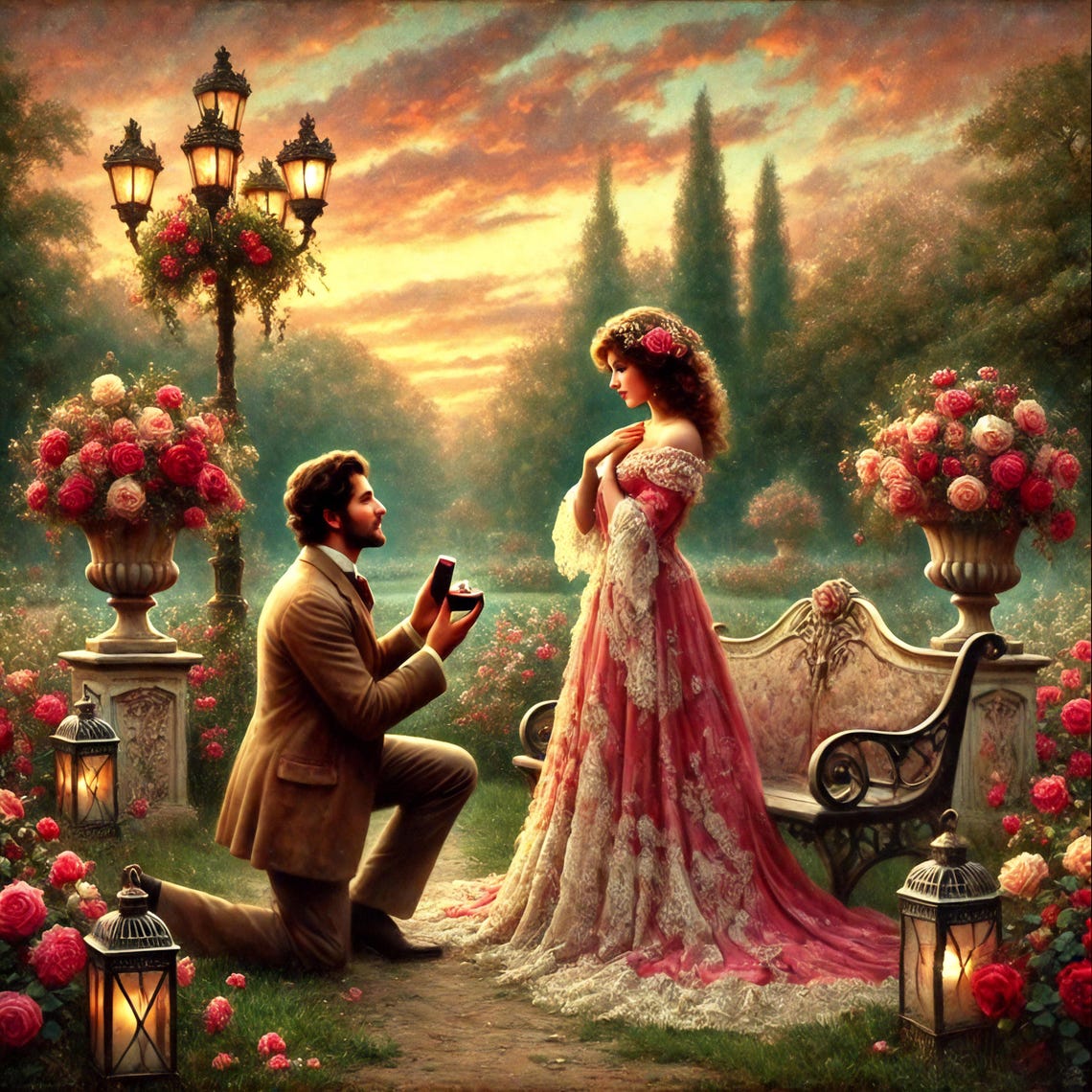 Romantic Garden Proposal Sunset Roses Lanterns Engagement Poster