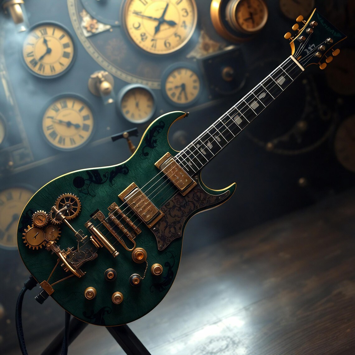 Steampunk Electric Guitar, Intricate Clockwork Art Print