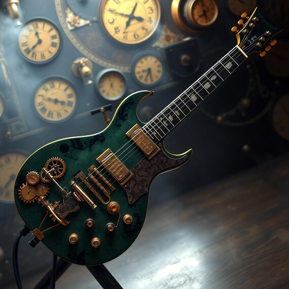 Steampunk Electric Guitar, Intricate Clockwork Art Print