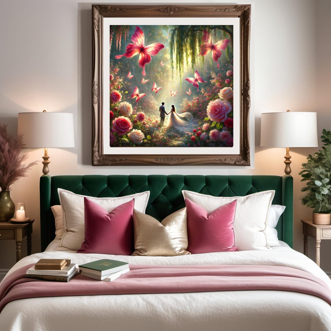 Romantic Couple Among Giant Butterflies and Roses Dreamy Poster - Image 3