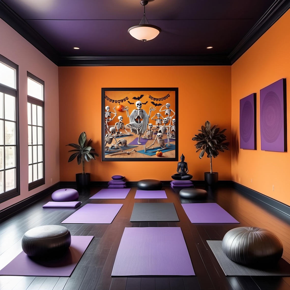 Funny Skeletons Doing Yoga Class With Halloween Banners And Bats Poster - Image 3