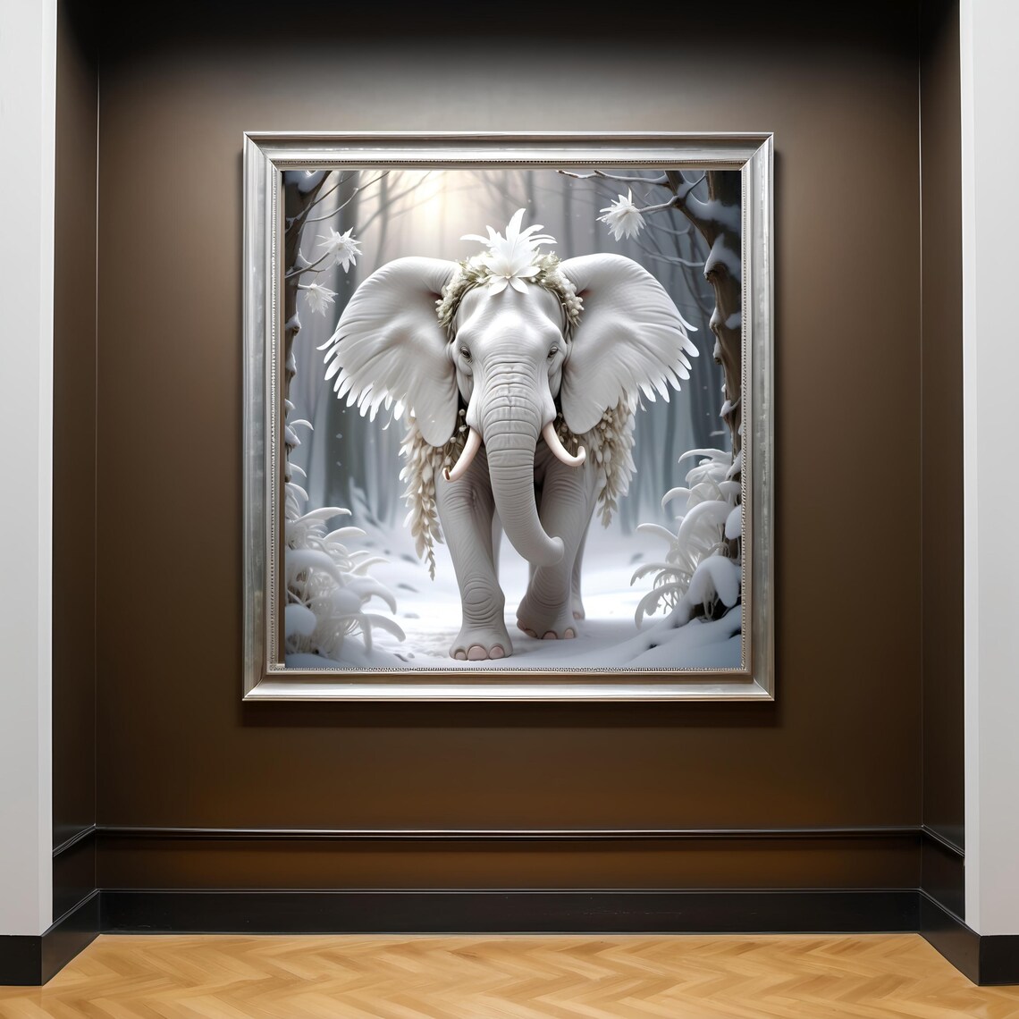 Majestic White Elephant Winter Wonderland Snowy Forest Art Print - Image 2
