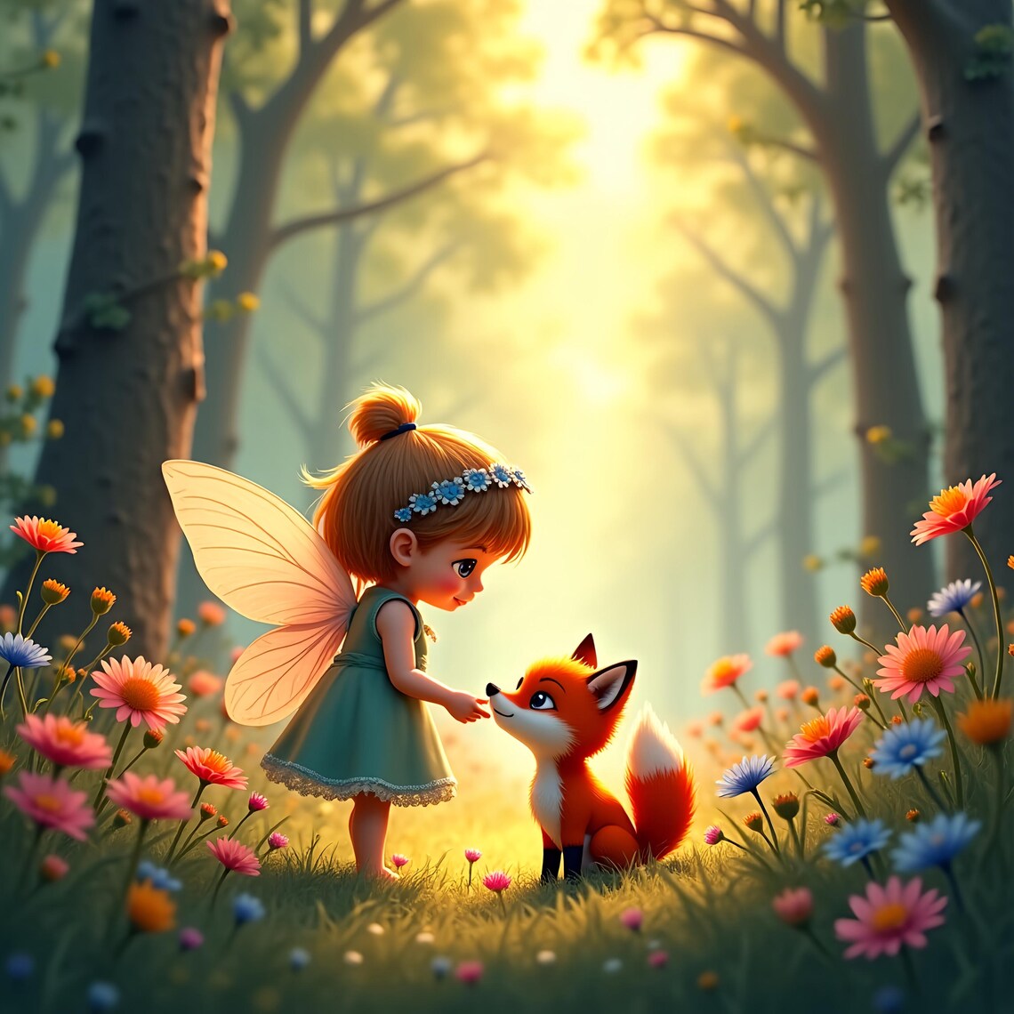 Whimsical Fairy Girl With Fox Sunlit Flower Forest Nursery Kids Room Magic Art - Image 3