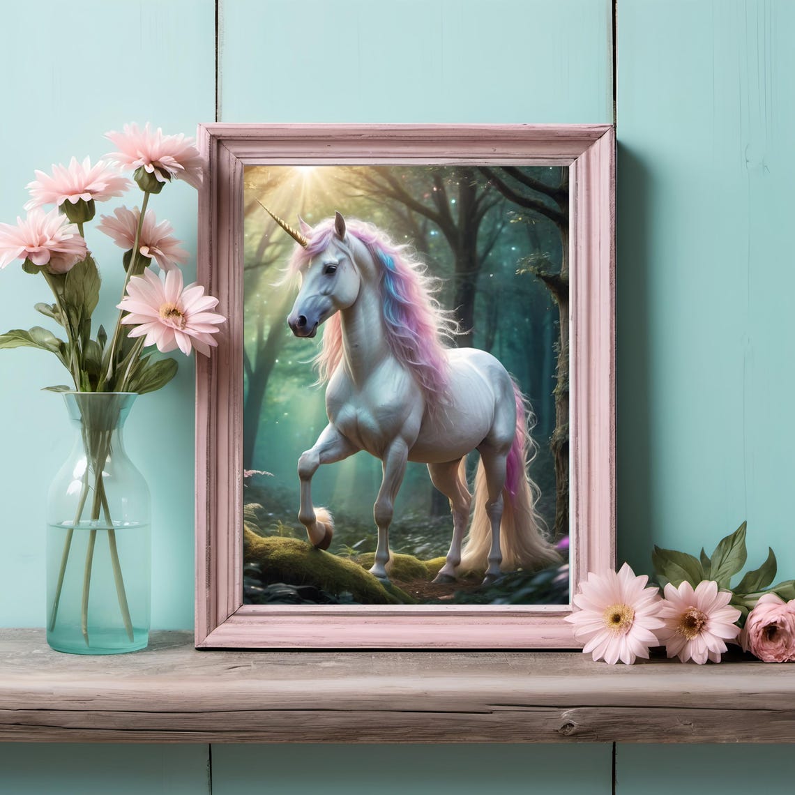 White Unicorn with Pastel Rainbow Mane in Magical Forest Poster - Image 3