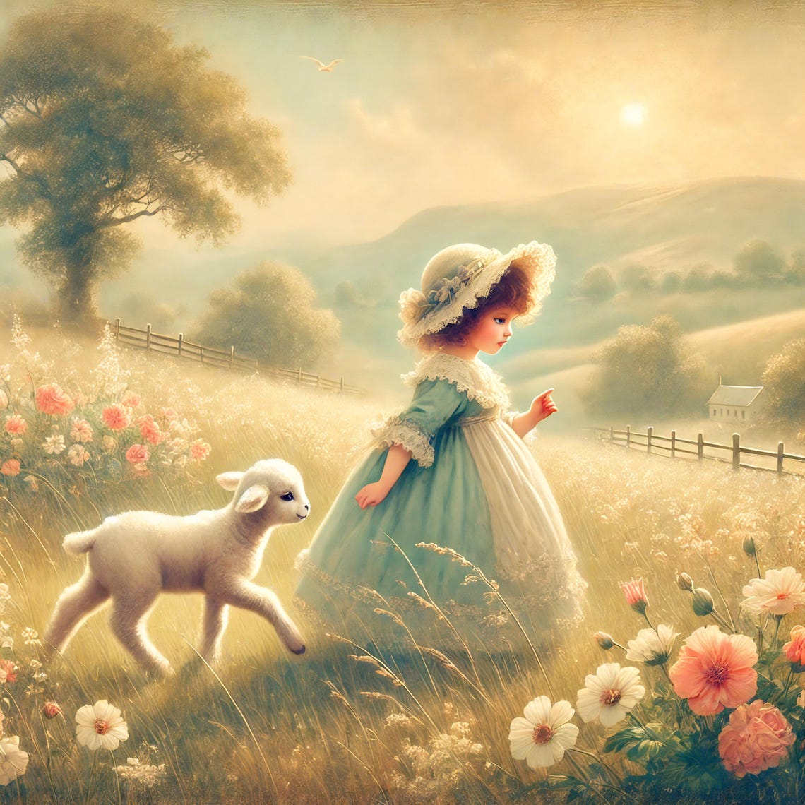 Mary Had A Little Lamb Sunny Meadow Stroll Vintage Nursery Poster